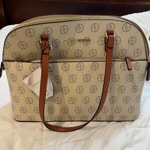 NWT Adrienne Vittadini Dome Satchel Handbag Beige with Monogram AV